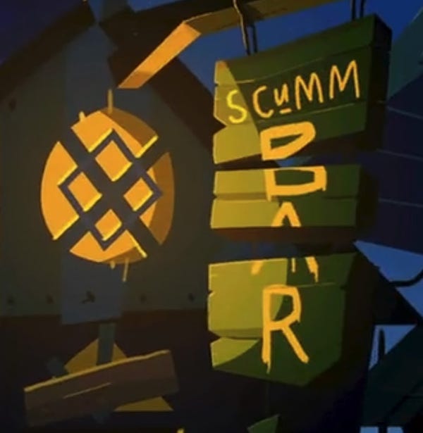 Screenshot of the outside of the SCUMM BAR in "Return to Monkey Island". The sign is made out of wood and split twice, obviously saying "Scumm Bar". The splits seperate the letters and made me make a dumb joke.