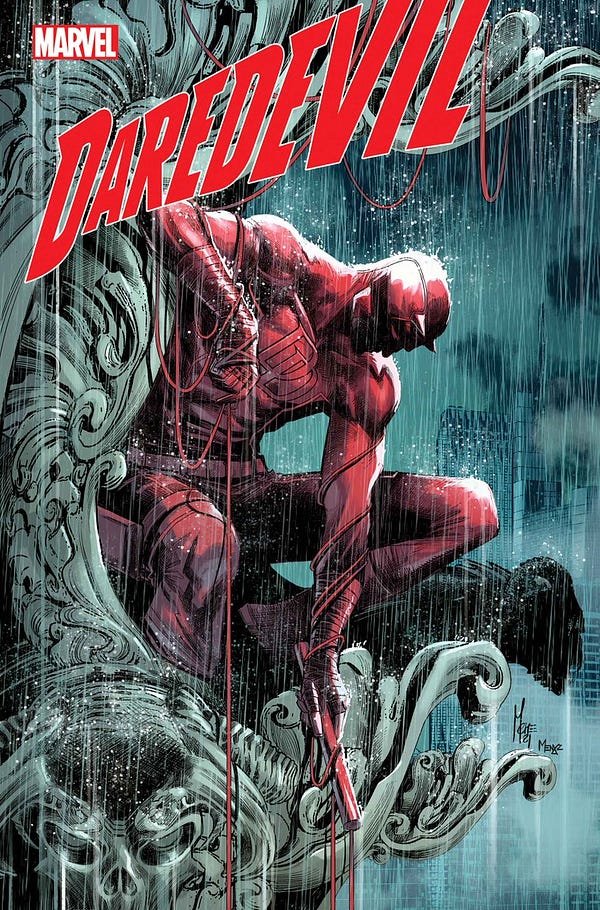 DAREDEVIL #1 cover by Marco Checchetto and Marcio Menyz
DD on a building rooftop, perched on a gargoyle, in the rain