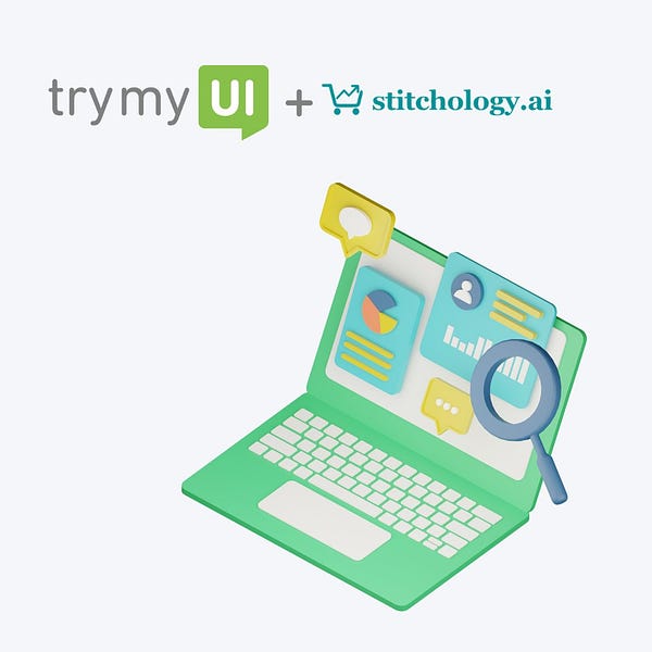 trymyui logo, grey plus sign, stitchology logo, laptop with analytics suite