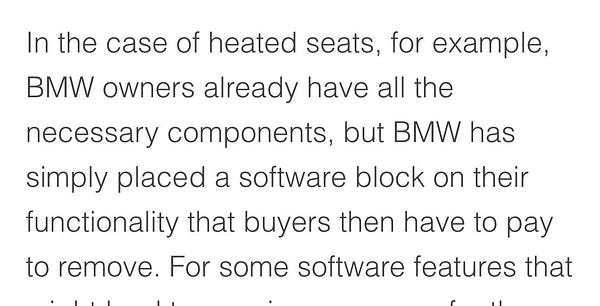 “In the case of heated seats, for example, BMW owners already have all the necessary components, but BMW has simply placed a software block on their functionality that buyers then have to pay to remove.”
