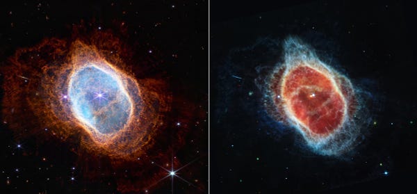 The image is split down the middle, showing two views of the Southern Ring Nebula. Both feature black backgrounds speckled with tiny bright stars and distant galaxies. Both show the planetary nebula as a misshapen oval that is slightly angled from top left to bottom right and takes up the majority of each image. At left, the near-infrared image shows a bright white star at the center with long diffraction spikes. Large, transparent teal and orange ovals, which are shells ejected by the unseen central star, surround it. At right, the mid-infrared image shows two stars at the center very close to one another. The one at left is red, the smaller one at right is light blue. The blue star has tiny triangles around it. A large transparent red oval surrounds the central stars. From that extend shells in a mix of colors, which are red to the left and right and teal to the top and bottom. Overall, the oval shape of the planetary nebula appears slightly smaller than the one seen at left.