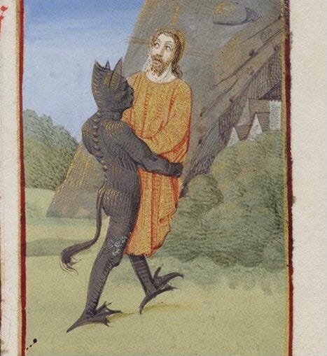 a medieval drawing of a devil carrying Jesus toward a mountain