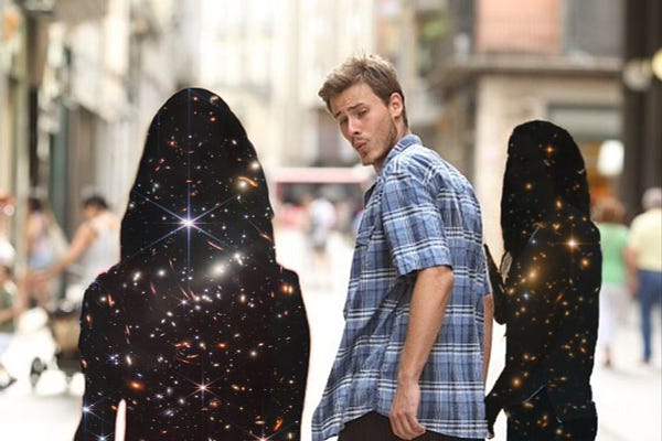 “Distracted boyfriend” meme with the man looking away from a silhouette of a woman filled in with the Hubble Deep Field and toward the silhouette of a woman filled in with the JWST First Deep Field