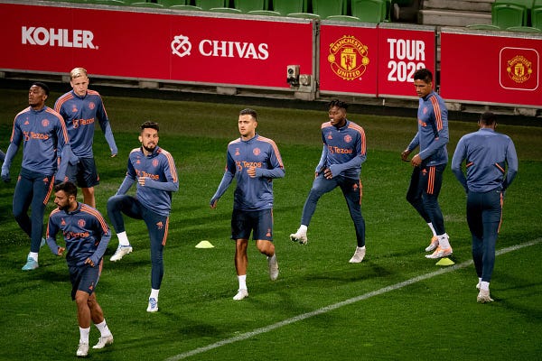 United are pictured during a training session at AAMI Park in Melbourne, Australia.