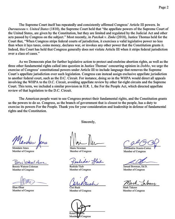 Screenshot of a letter led by Rep. AOC and Rep. Mondaire Jones urging Senator Schumer and Speaker Pelosi to support stripping the Supreme Court’s jurisdiction over abortion. (2/2)