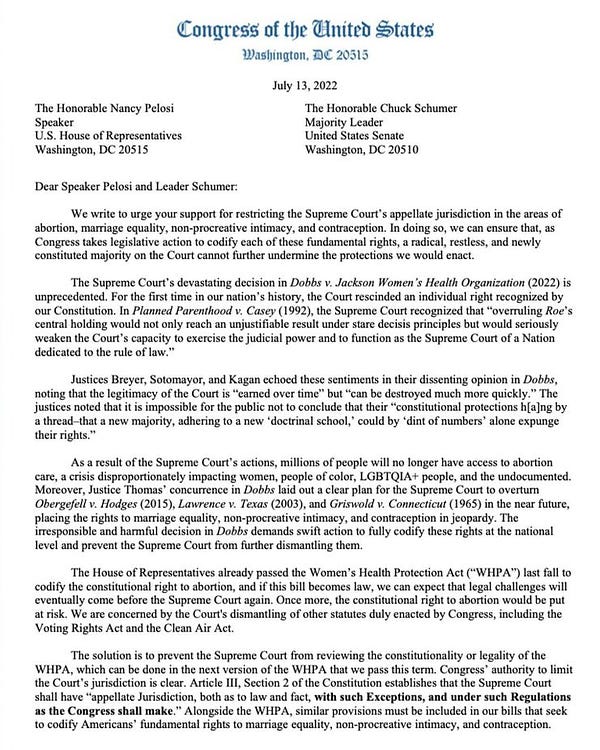Screenshot of a letter led by Rep. AOC and Rep. Mondaire Jones urging Senator Schumer and Speaker Pelosi to support stripping the Supreme Court’s jurisdiction over abortion. (1/2)