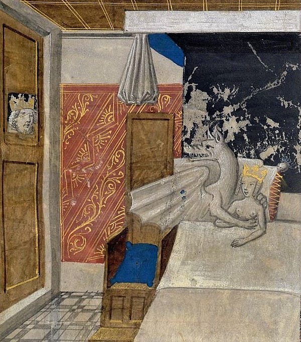 a medieval drawing of a nude woman who is wearing a crown and lying in bed under the covers with a dragon. the dragon has an arm around her and both are looking toward a door to the left, which contains a small window through which a man wearing a crown watches