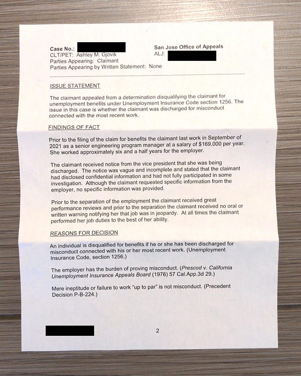 photo of letter with california unemployment decision 