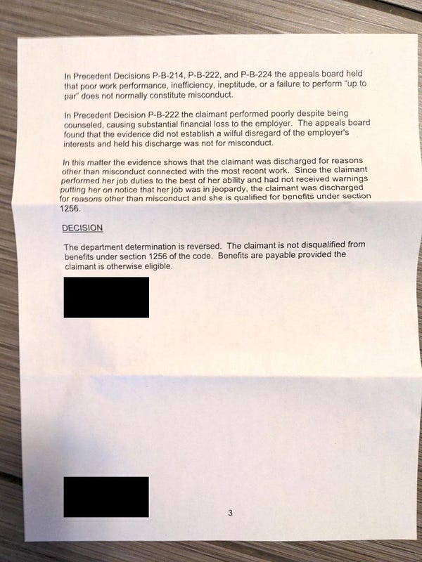 photo of letter with california unemployment decision 