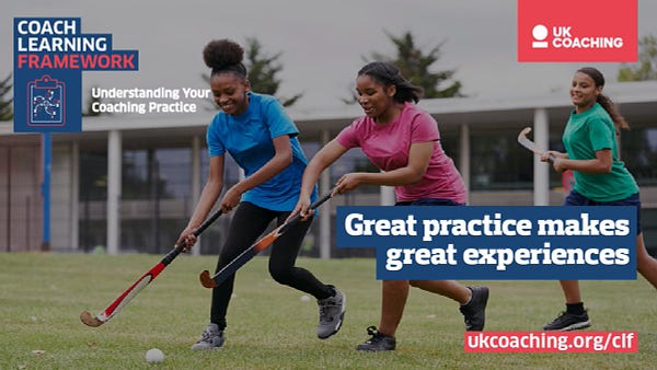 Photo of two smiling teenagers playing playing hockey with the words overlaid "Great practice makes great experiences" and the url ukcoaching.org.clf