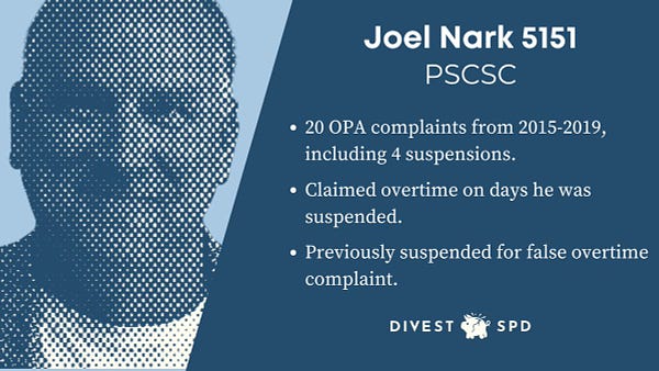 Picture of a middle-aged man

Right panel (solid blue trapezoid background with white text):
Joel Nark 5151
PSCSC
* 20 OPA complaints from 2015-2019, incl. 4 suspensions
* Claimed overtime on days he was suspended
* Previously suspended for false overtime complaint
[Broken Piggy bank DivestSPD logo]