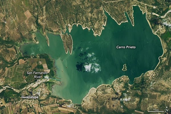 A July 2015 satellite image of the filled Cerro Prieto reservoir in Nuevo León, Mexico.