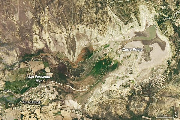 A July 2022 satellite image of the dry Cerro Prieto reservoir in Nuevo León, Mexico.