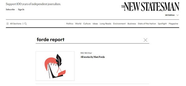 A search on the New Statesman website showing no coverage of the Forde Report
