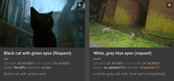 a screenshot of two nexus mod entries reading "Black cat with green eyes (Request)" and "White_gray blue eyes (request)"
