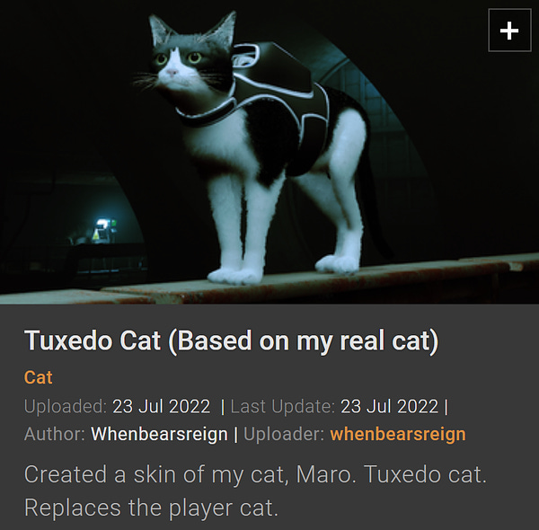 a screenshot of a nexus mod entry reading "Tuxedo Cat (Based on my real cat): created a skin of my cat Maro. Tuxedo cat. Replaces the player cat"