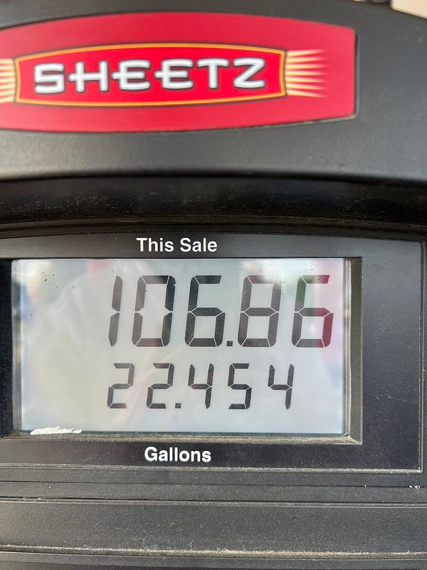 A Sheetz gas pump that shows $106.86 as the cost.