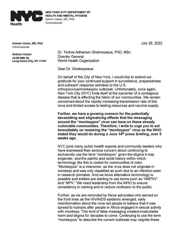 Letter sent to the World Health Organization calling for the renaming of the monkeypox virus. Visit the link in post for more information.