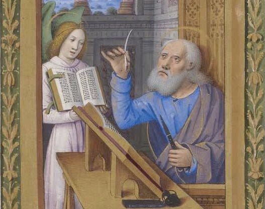 a medieval illustration  of a disgruntled looking old man with white hair and beard who sits at a desk with an open book in front of him, holding a quill. behind him stands a young man holding open another book. both have faint gold halos.