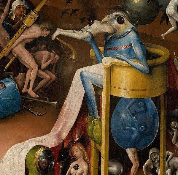 a medieval painting of a blue humanoid figure with a bird's head stuffing a naked human face first into its mouth while birds fly from the human's rear end