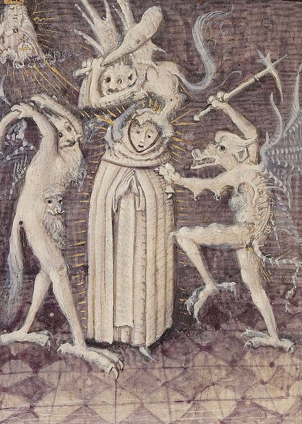 A greyscale medieval drawing of a man wrapped in robes standing and praying serenely while three demons attack him from all sides.