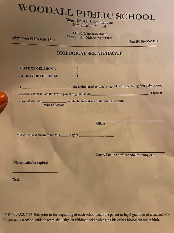 Affadavit for Woodall Public School in Oklahoma that parents are required to swear to the biological sex of their children at birth.