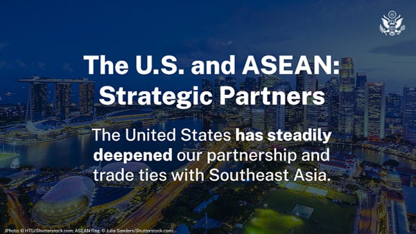 Aerial view of Singapore at night, with text: "The U.S. and ASEAN: Strategic Partners. The United States has steadily deepened our partnership and trade ties with Southeast Asia."