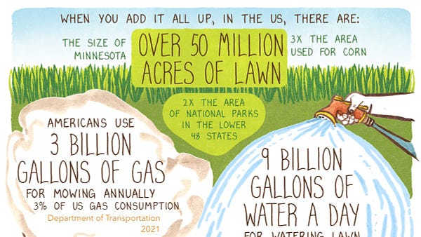 when you add it all up, in the us, there are over 50 million acres of lawn, which is the size of minnesota, 3x the area used for corn, and 2x the area of the national parks in the lower 48 states

americans use 3 billion gallons of gas for mowing annually, 3% of US gas consumption, dept of transportation 2021

9 billion gallons of water a day, for watering lawn '[cropped off]