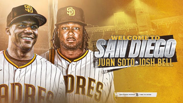 Welcome to San Diego Juan Soto and Josh Bell graphic in Padres brown and gold.