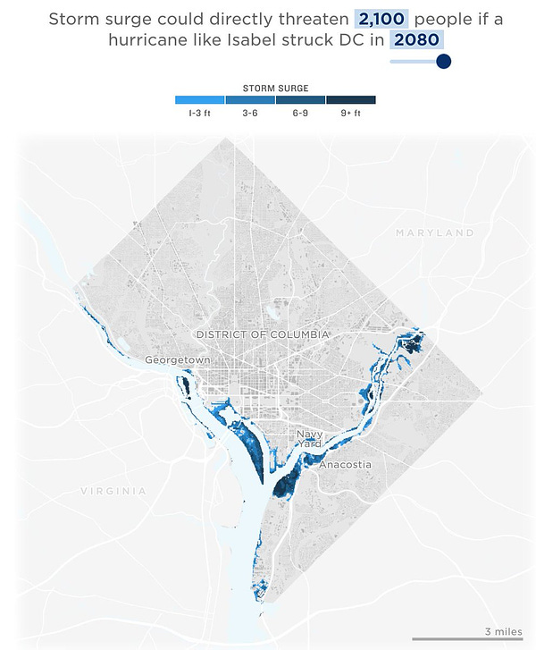 DC map of Potomac and Anacostia rivers extended across, showing how storm surge could directly threaten 2,100 people if a hurricane like Isabel struck DC in 2080