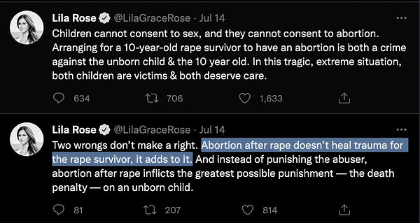 Lila Rose tweets saying 10-year-old rape victims should be forced to carry their pregnancy and "abortion after rape doesn't heal trauma for the rape survivor, it adds to it."
