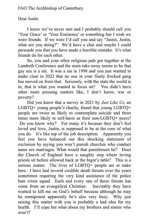 An open letter from Sandi Toksvig to the Archbishop of Canterbury condemning his recent statement that gay sex is a sin.