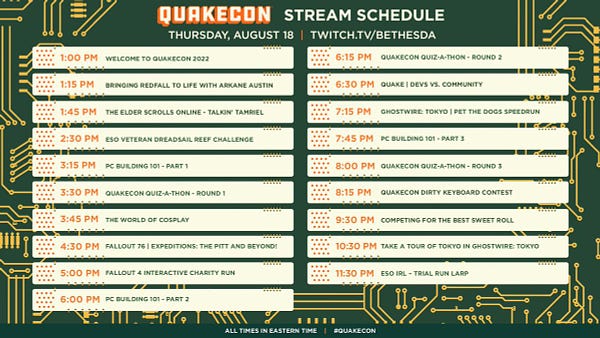 The full QuakeCon Stream Schedule. Tune in Thursday, August 18 at 1 PM ET on https://beth.games/3SpQndq!