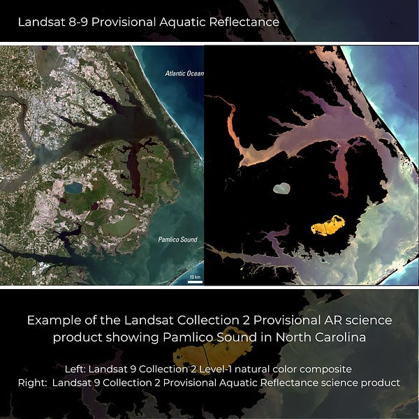 These images from along the North Carolina coast show the Landsat 9 Level-1 product (natural color, Bands 4,3,2) from November 14, 2021  (left), and the corresponding Collection 2 Provisional Aquatic Reflectance product (Bands 4,3,1) (right) for Landsat 9, Path 14 Row 35 (right). 
