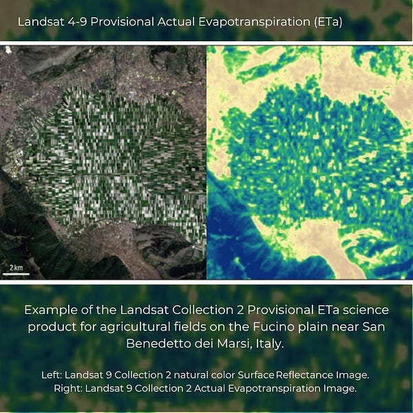 Example of the Landsat Collection 2 Provisional ETa science product for agricultural fields on the Fucino plain near San Benedetto dei Marsi, Italy.   Left: Landsat 9 Collection 2 Natural Color Surface Reflectance Image.  Right: Landsat 9 Collection 2 Actual Evapotranspiration Image. 