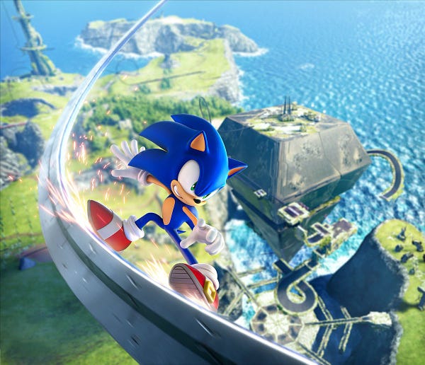 Key art for Sonic Frontiers featuring Sonic on a grind rail high above the island and ocean below. A mysterious structure looms in the background.