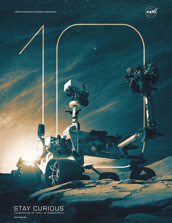 A detailed poster, in blue and yellow tones, looking up at the Curiosity rover from the Martian landscape; the rover is in a position reminiscent of a human looking boldly into the distance, with the sunrise to its back. A giant, thin-script "10" dominates the background of the image, and "Stay Curious — Celebrating 10 Years Of Exploration" is written in small text in the bottom-left corner.