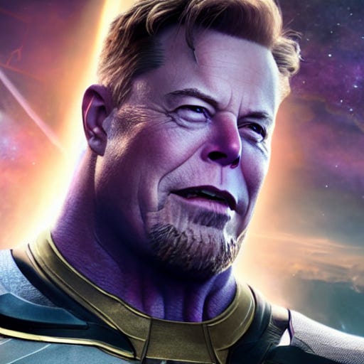 A still of Elon Musk as Thanos on Avengers Endgame