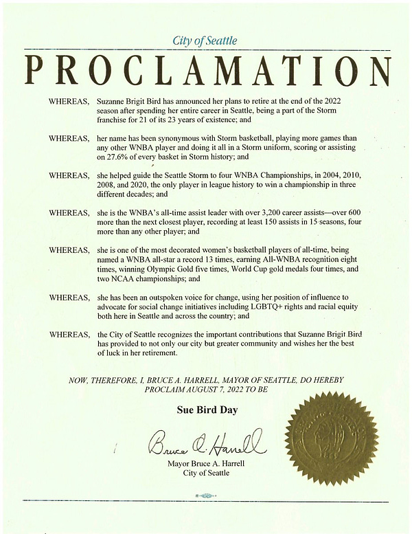 Proclamation honoring Seattle Storm Basketball Player Sue Bird. Text of the proclamation is available at link below in tweet thread.