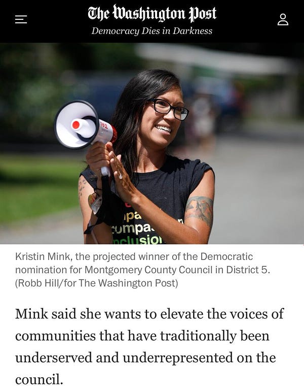 Screenshot of Washington Post article on projected Dem nominees for Council. Shows photo of Kristin holding megaphone wearing Black t-shirt with rainbow writing, helping lead an action to protect Drag Queen Story Hour. Clip from article states “Mink said she wants to elevate the voices of communities that have traditionally been underserved and underrepresented on the council.”
