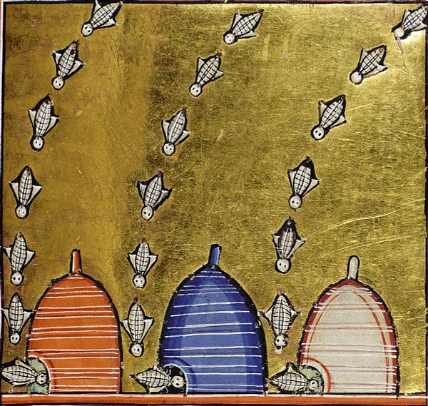 a medieval drawing of three beehives, each with a straight line of bees arcing down toward its entrance. Each bee resembles a hand grenade with wings