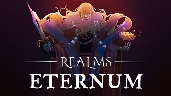 Image of a powerful mage, with a sword in one hand and a flower in the other.  Revealing the game module name for the first time, Realms: ETERNUM.