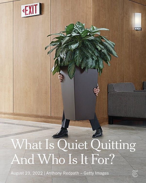 A person holding a large potted plant walking in an office building. A sign on the wall says "exit" and has an arrow in the direction the person is walking. A headline reads "What Is Quiet Quitting And Who Is It For?" Photo by Anthony Redpath - Getty Images.