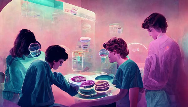 An illustration with a soft pink background with four young people around a table filled with colorful Petri dishes