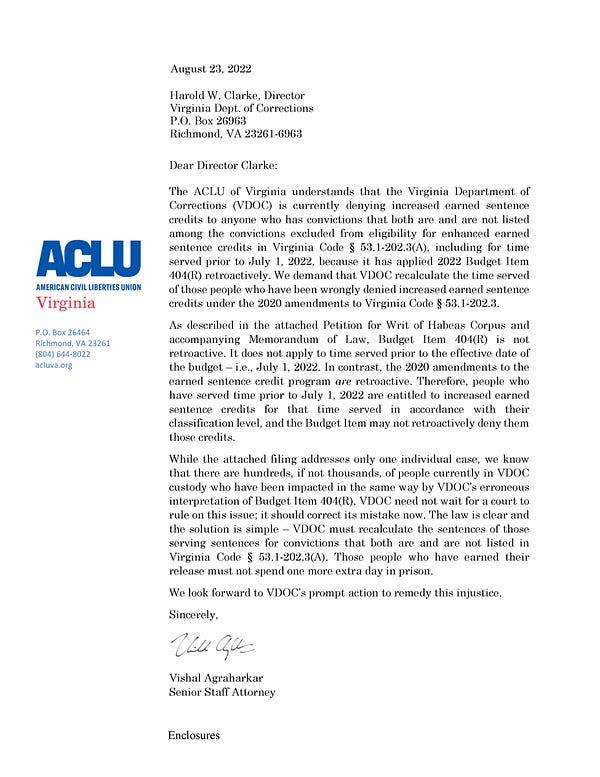 A photo of the letter from ACLU-VA Senior Staff Attorney Vishal Agraharkar to VDOC Director Harold Clarke demanding that the department recalculate the time for those wrongly denied their earned sentence credits. You can read the full letter as a PDF at the link in the tweet.