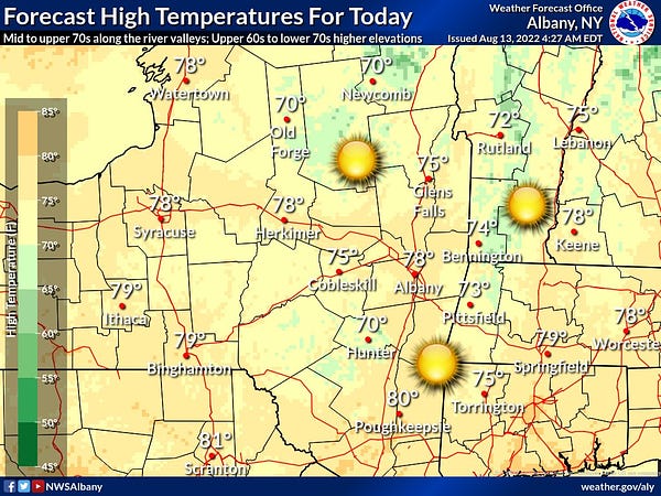 This graphic depicts the forecast high temperatures for today. 