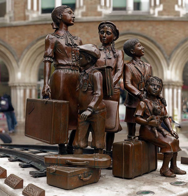 Kindertransport – The Arrival is an outdoor bronze memorial sculpture by Frank Meisler, located in the forecourt of Liverpool Street station in London, United Kingdom.[1] It commemorates the 10,000 orphaned Jewish children who escaped Nazi persecution and arrived at the station during 1938–1939.