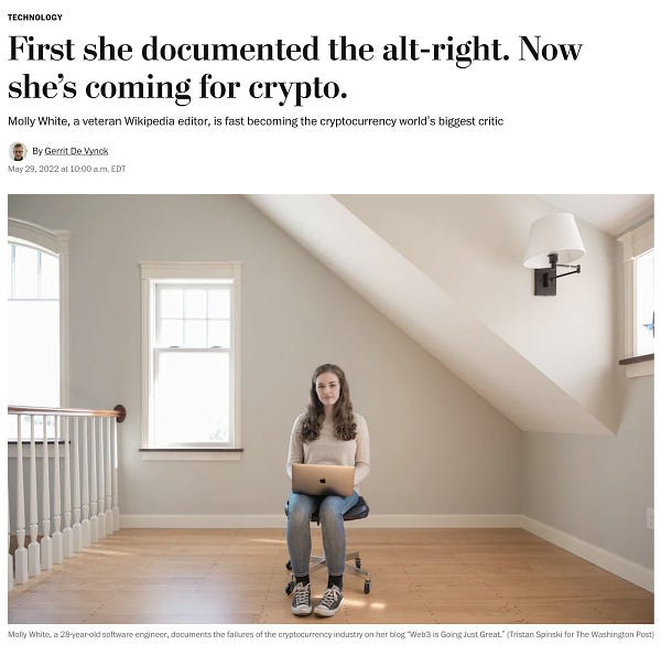 Washington Post article titled "First she documented the alt-right. Now she's coming for crypto." The header image is Molly White, sitting in an empty room on a small rolling chair with a laptop in her lap.