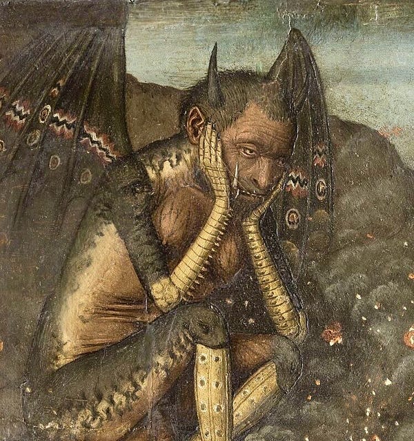 A medieval drawing of a winged humanoid demon sitting with its face in its hands and its boobs out