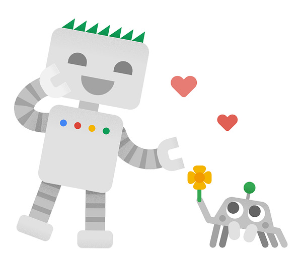 Googlebot and Crawley the spider, enjoying finding helpful content on the web.